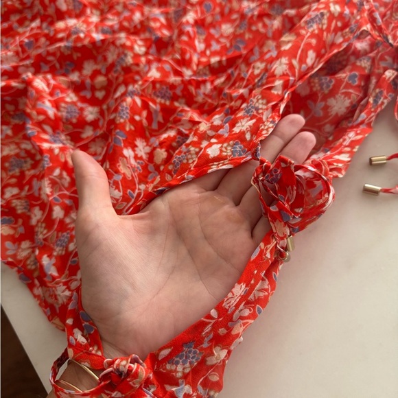 Veronica Beard- Red Floral Flynn Bow Longsleeve Cutout Silk Blouse Top - Picture 6 of 7